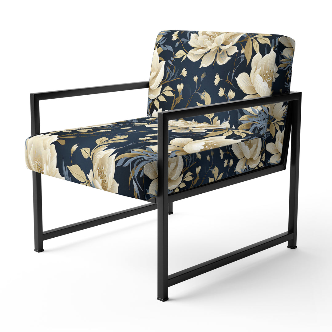 Industrial Ivory &amp; Blue Fusion Floral Pattern - Upholstered Cottage Accent Chairs