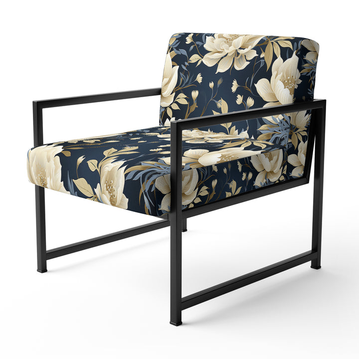 Industrial Ivory &amp; Blue Fusion Floral Pattern - Upholstered Cottage Accent Chairs