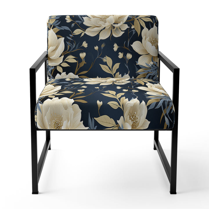 Industrial Ivory &amp; Blue Fusion Floral Pattern - Upholstered Cottage Accent Chairs