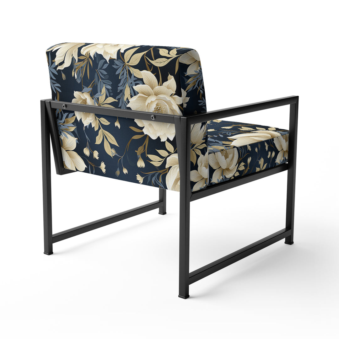 Industrial Ivory &amp; Blue Fusion Floral Pattern - Upholstered Cottage Accent Chairs