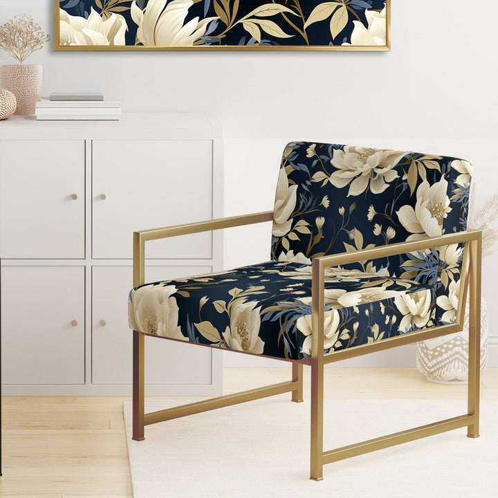 Industrial Ivory &amp; Blue Fusion Floral Pattern - Upholstered Cottage Accent Chairs