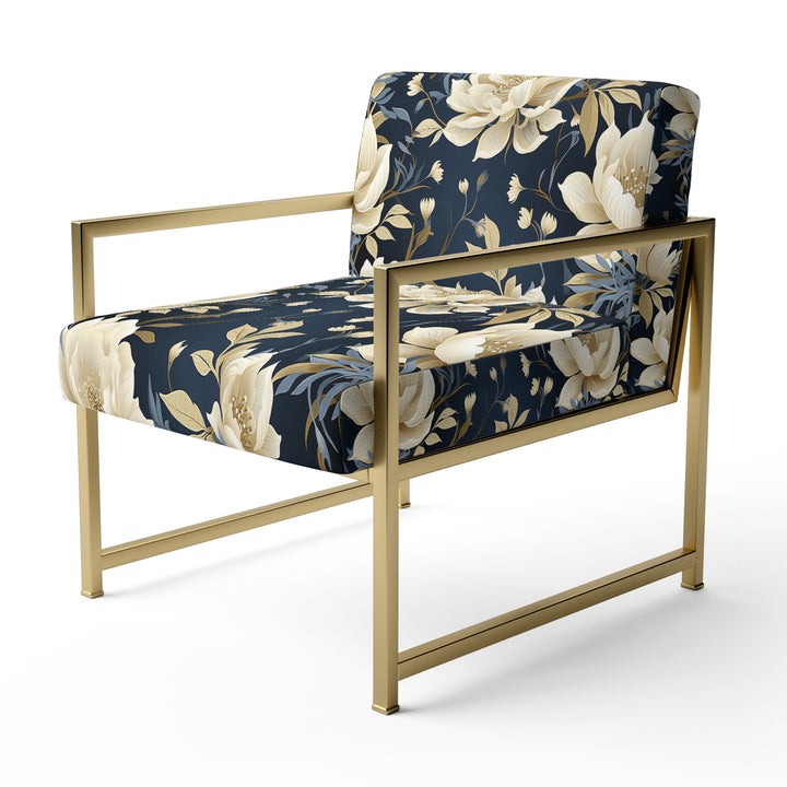 Industrial Ivory &amp; Blue Fusion Floral Pattern - Upholstered Cottage Accent Chairs
