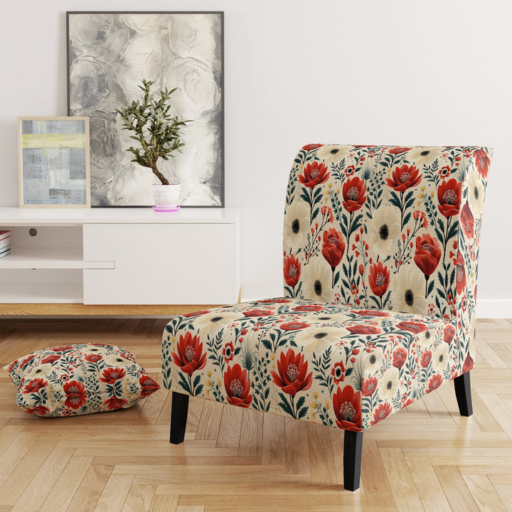 Red And Beige Retro Floral Pattern - Cottage Arm Chair