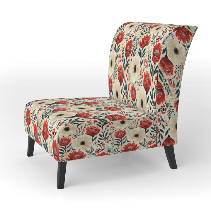 Red And Beige Retro Floral Pattern - Cottage Arm Chair