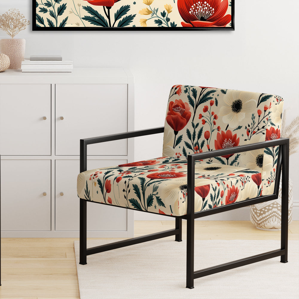 Red And Beige Retro Floral Pattern - Cottage Arm Chair
