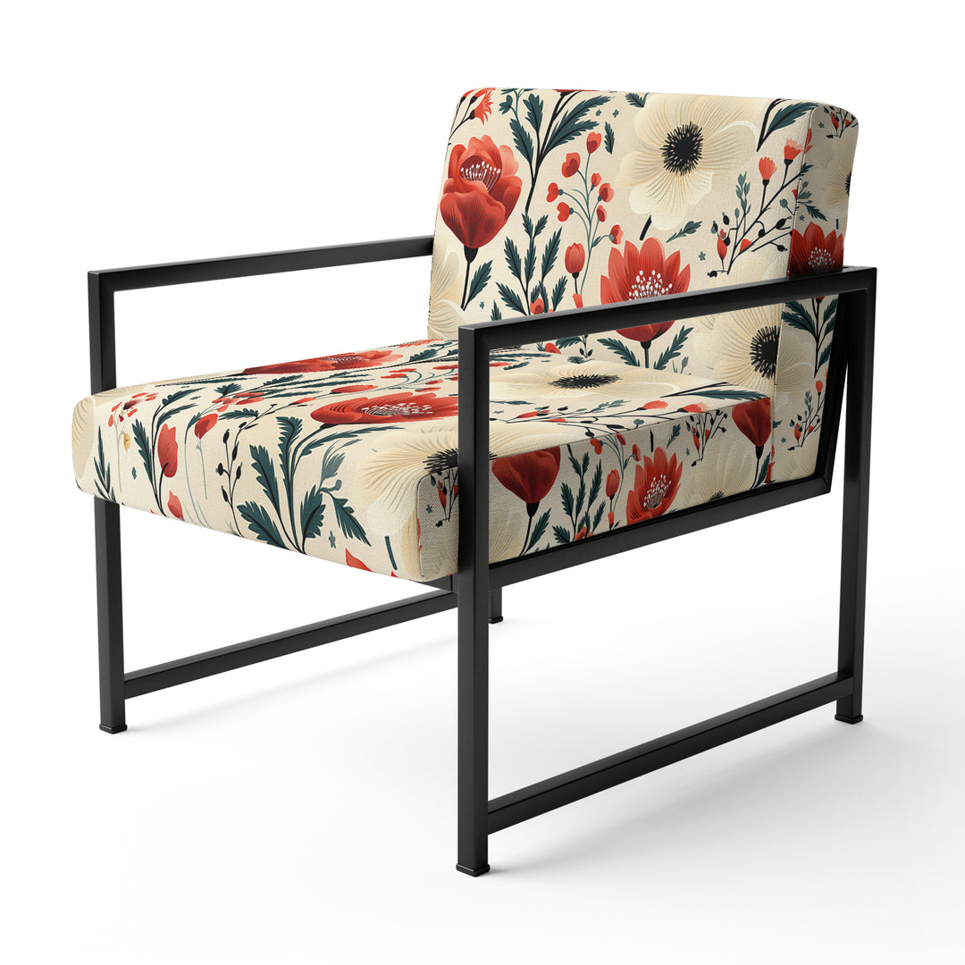 Red And Beige Retro Floral Pattern - Cottage Arm Chair