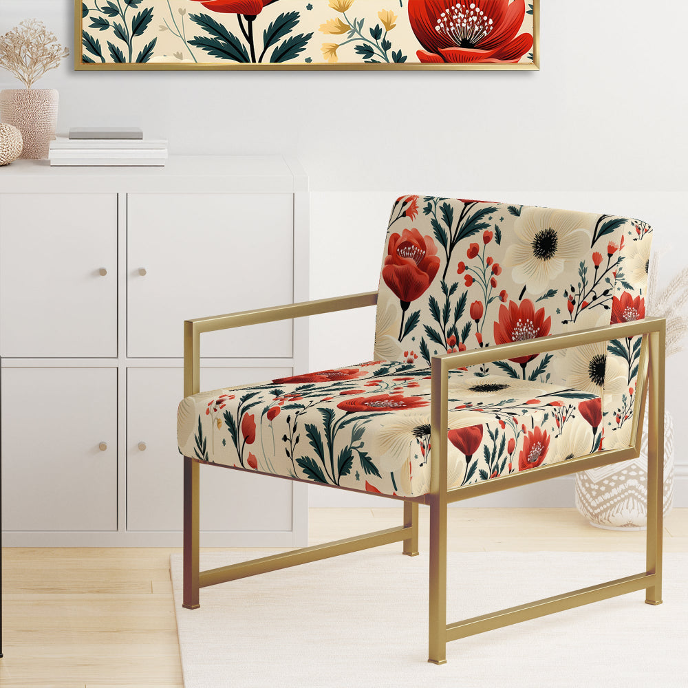 Red And Beige Retro Floral Pattern - Cottage Arm Chair