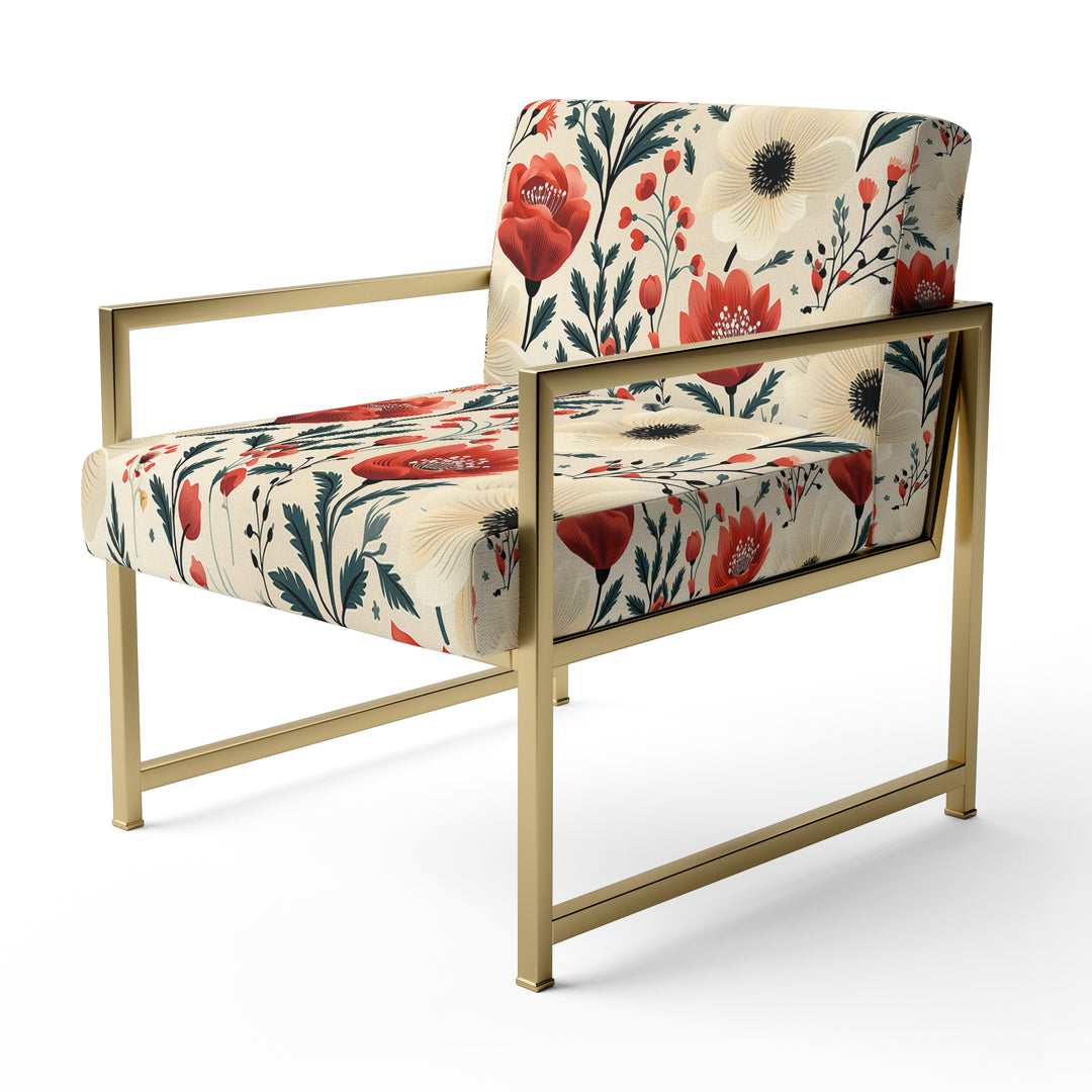 Red And Beige Retro Floral Pattern - Cottage Arm Chair