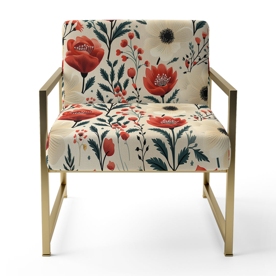 Red And Beige Retro Floral Pattern - Cottage Arm Chair