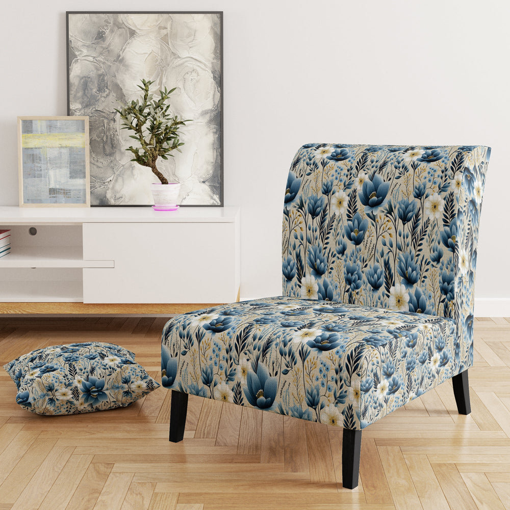 Blue Meadow Floral Pattern - Cottage Accent Slipper Chair