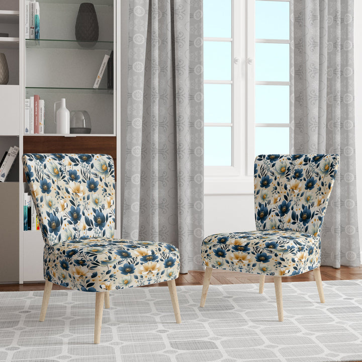 Antique Blue Graceful Flowers - Cottage Accent Slipper Chair