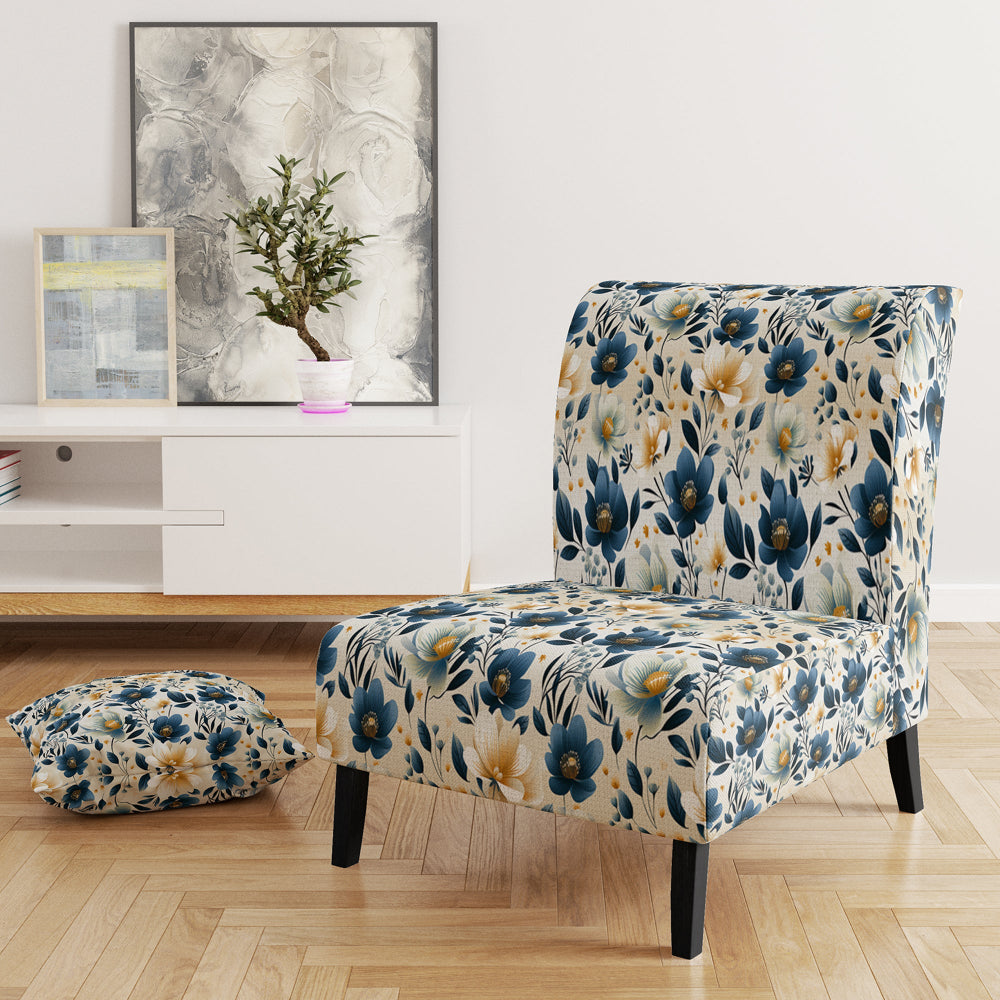 Antique Blue Graceful Flowers - Cottage Accent Slipper Chair