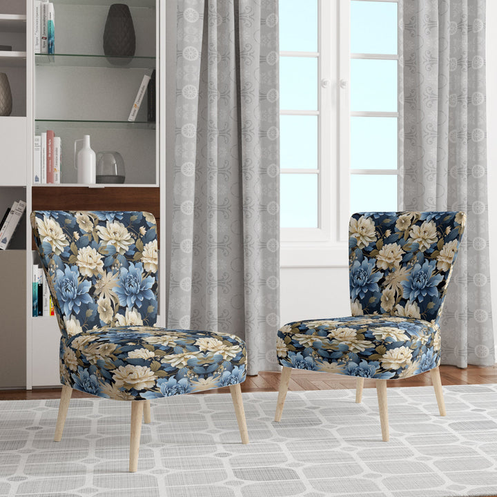 Blue And White Blooming Floral Pattern - Cottage Accent Side Chair