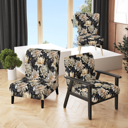 Golden Beige And Black Flowers Elegance - Glam Accent Side Chair