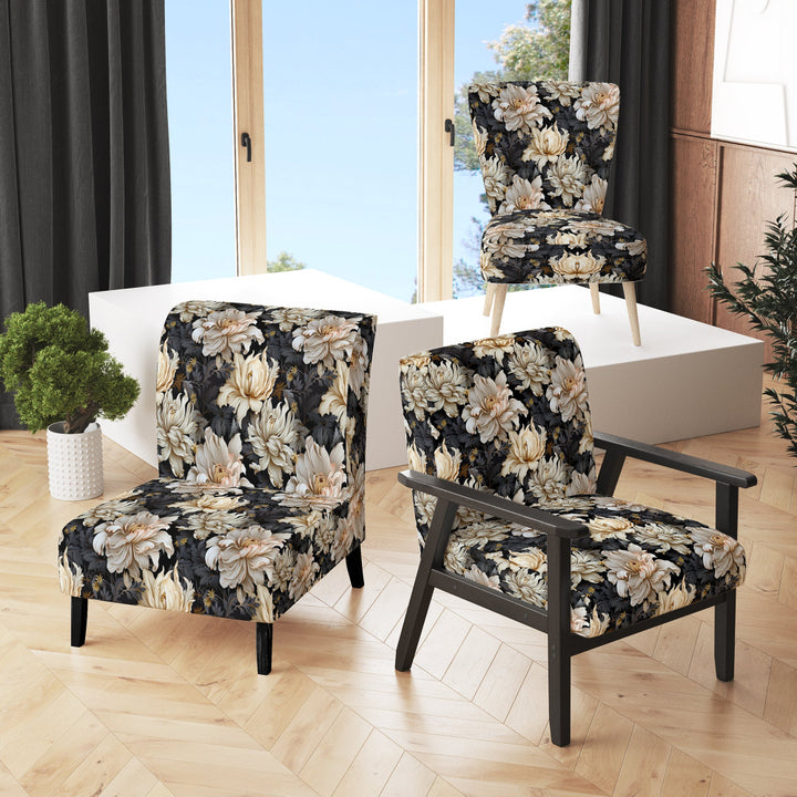 Golden Beige And Black Flowers Elegance - Glam Accent Side Chair
