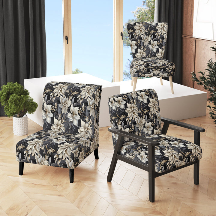 Deep Black Silver Flowers Elegance - Upholstered Glam Accent Chairs
