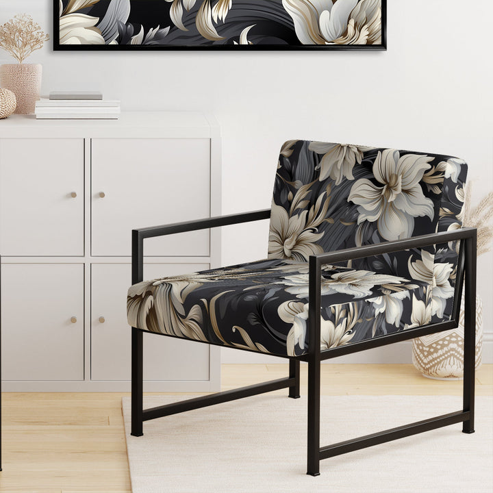 Deep Black Silver Flowers Elegance - Upholstered Glam Accent Chairs