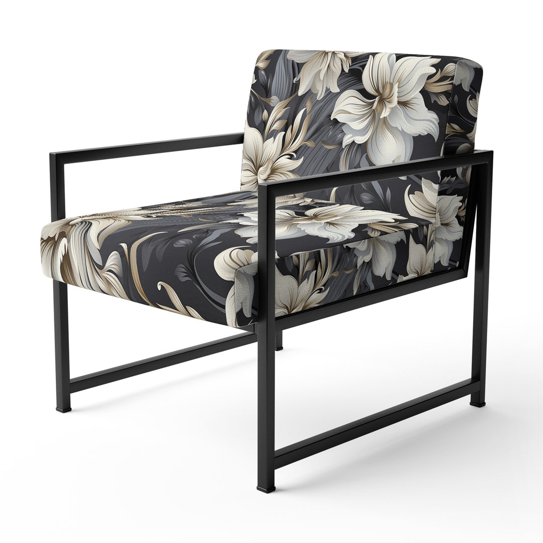 Deep Black Silver Flowers Elegance - Upholstered Glam Accent Chairs