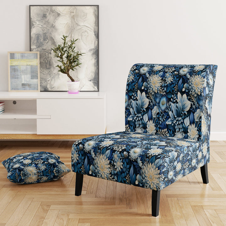 Russian Blue And White Flowers Reflections - Bohemian Accent Side Chair