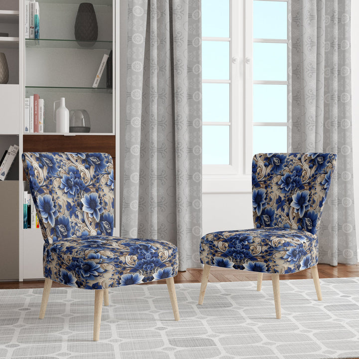 Cobalt Blue And White Victorian Floral Pattern - Cottage Accent Side Chair