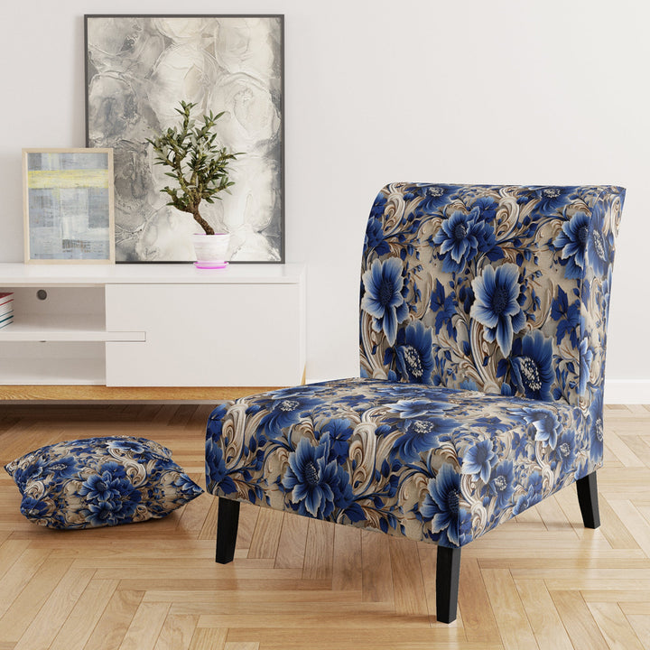 Cobalt Blue And White Victorian Floral Pattern - Cottage Accent Side Chair