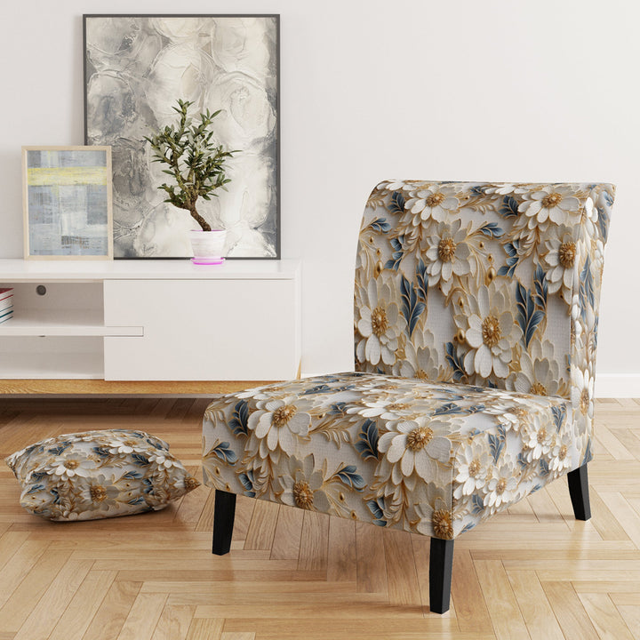 Golden White And Blue Flowers Elegance - Upholstered Glam Accent Chairs
