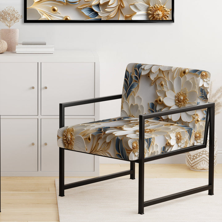 Golden White And Blue Flowers Elegance - Upholstered Glam Accent Chairs