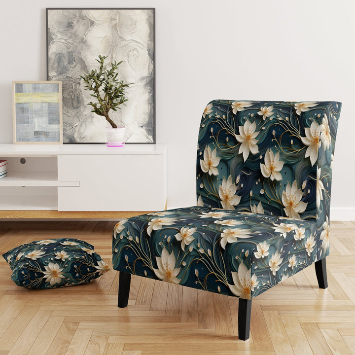 White And Gold Tranquil Lotus Zen - Upholstered Bohemian Accent Chairs