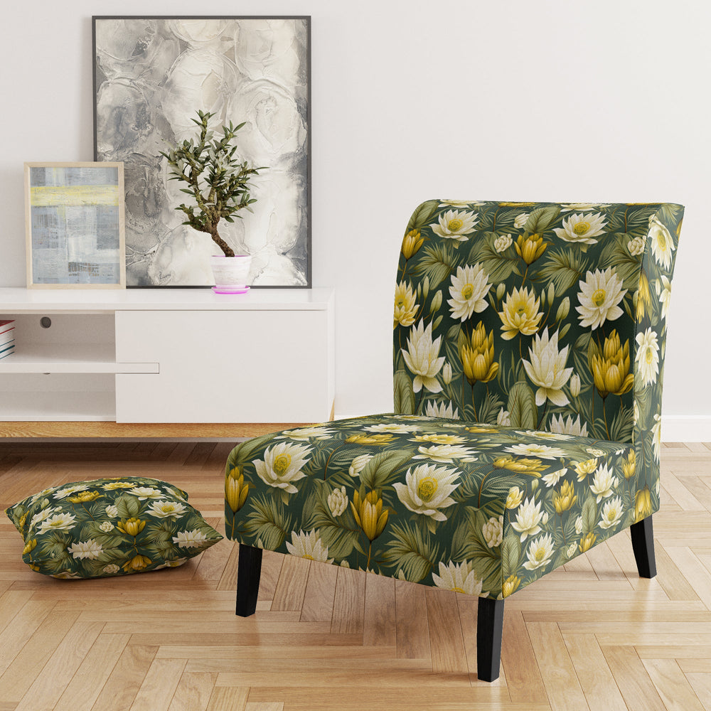 White And Green Peonies Retreat Oasis - Bohemian Accent Slipper Chair