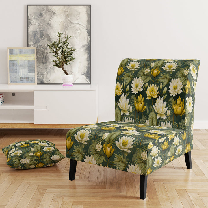 White And Green Peonies Retreat Oasis - Bohemian Accent Slipper Chair