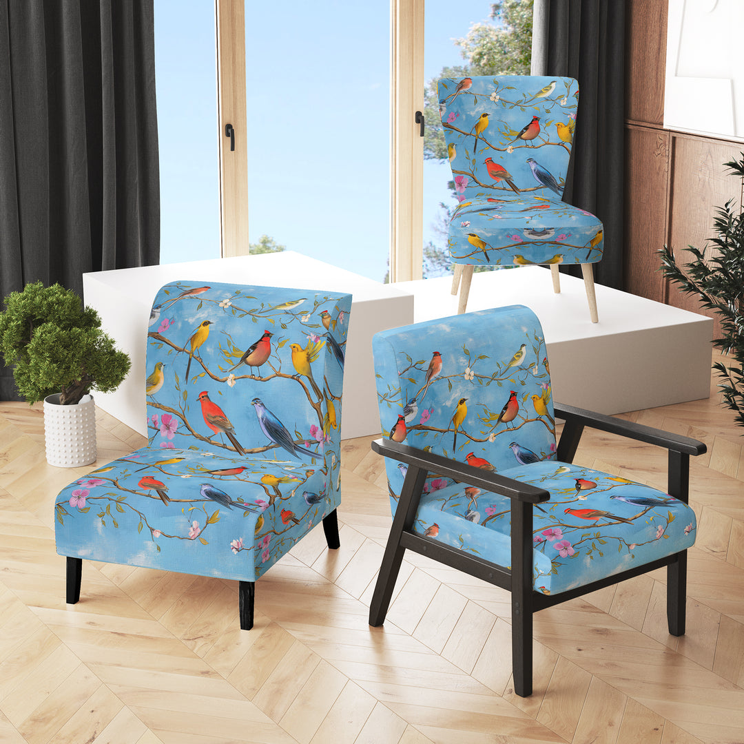 Multi-Colour Birds On Blue Branches - Upholstered Accent Chair