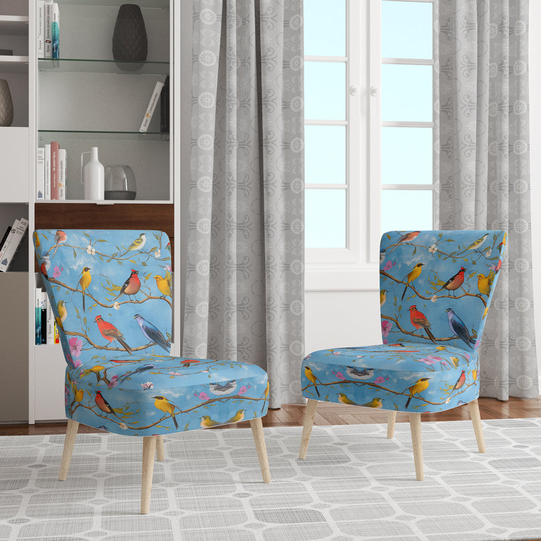 Multi-Colour Birds On Blue Branches - Upholstered Accent Chair