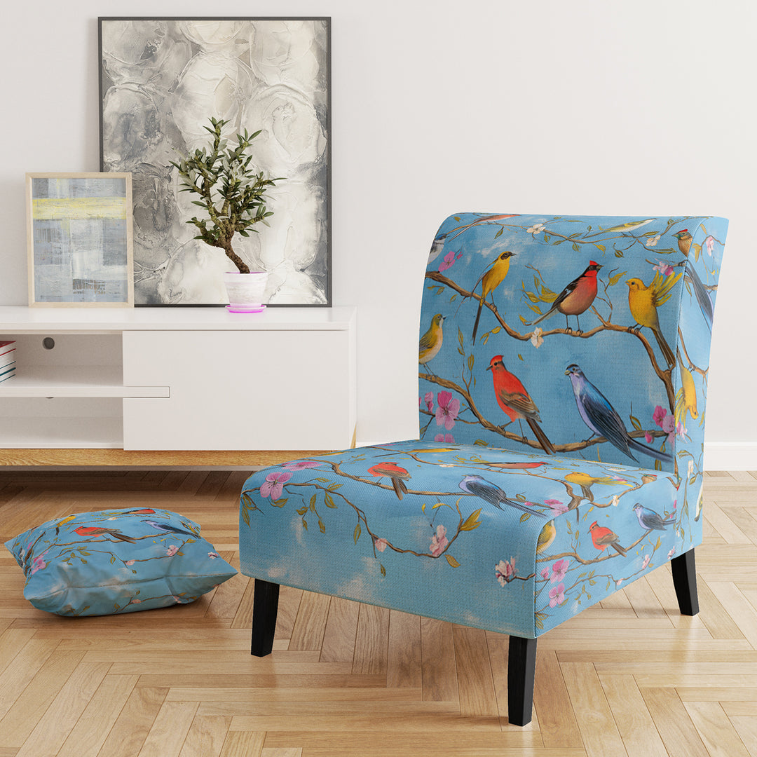 Multi-Colour Birds On Blue Branches - Upholstered Accent Chair