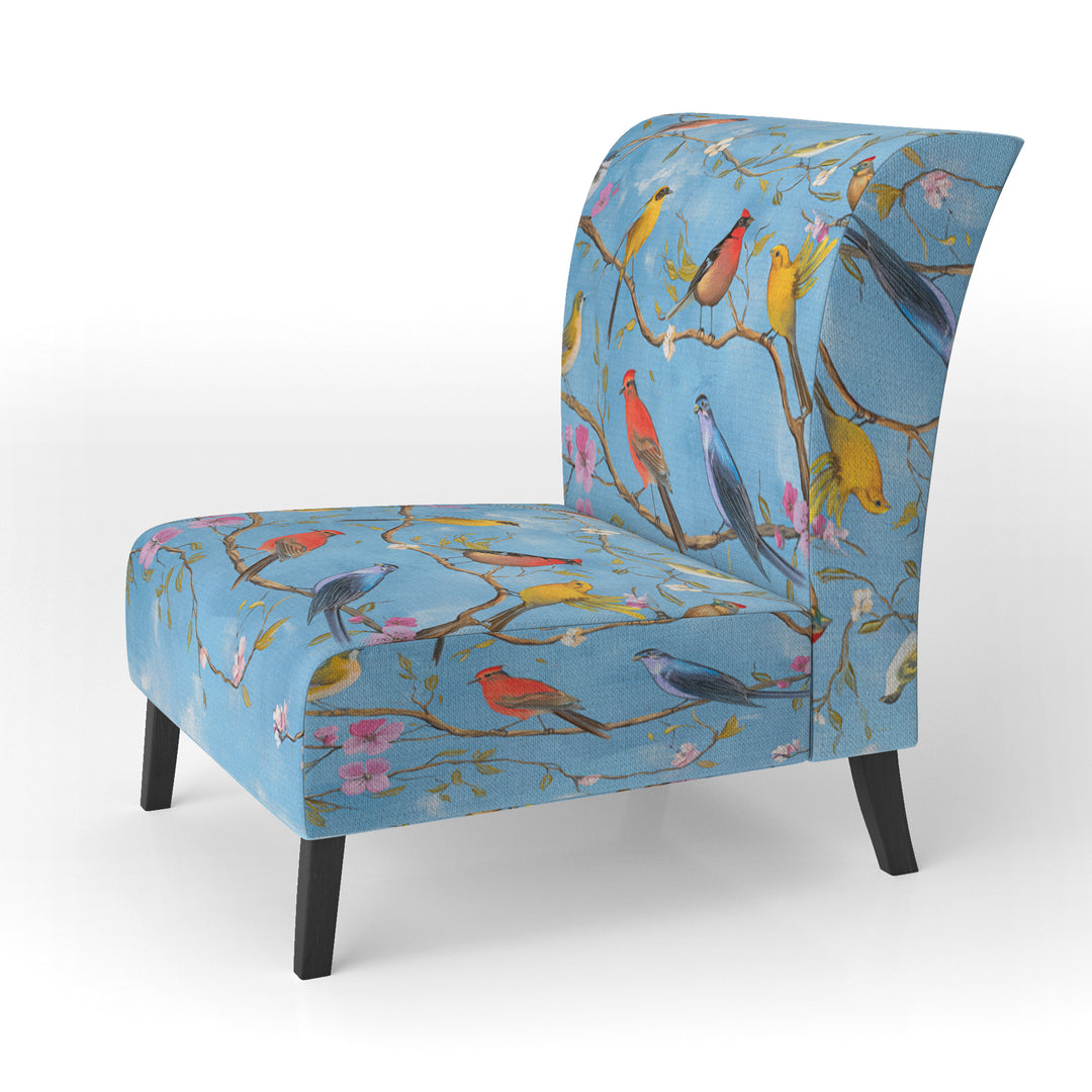 Multi-Colour Birds On Blue Branches - Upholstered Accent Chair