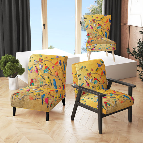 Multi-Colour Bird On Tree - Upholstered Farmhouse Accent Slipper Chair