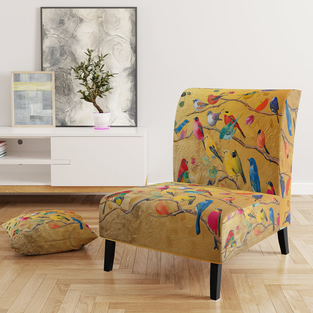 Multi-Colour Bird On Tree - Upholstered Farmhouse Accent Slipper Chair