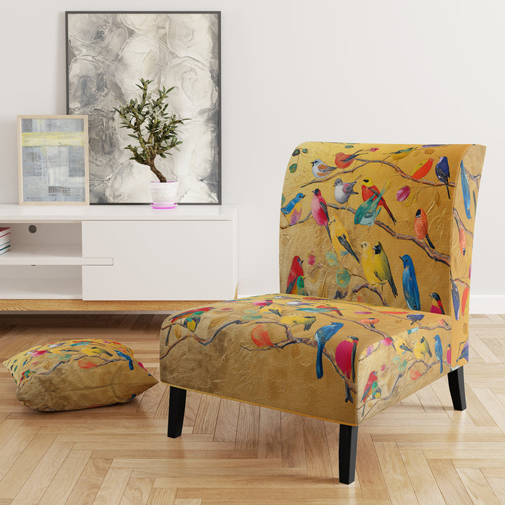 Multi-Colour Bird On Tree - Upholstered Farmhouse Accent Slipper Chair