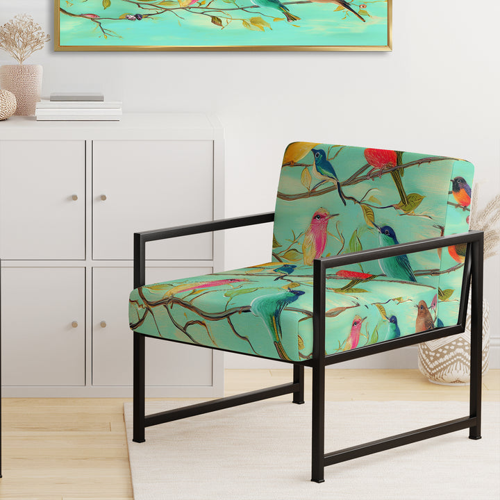 Turquoise Songbirds On Blossoming Branches - Upholstered Accent Chair