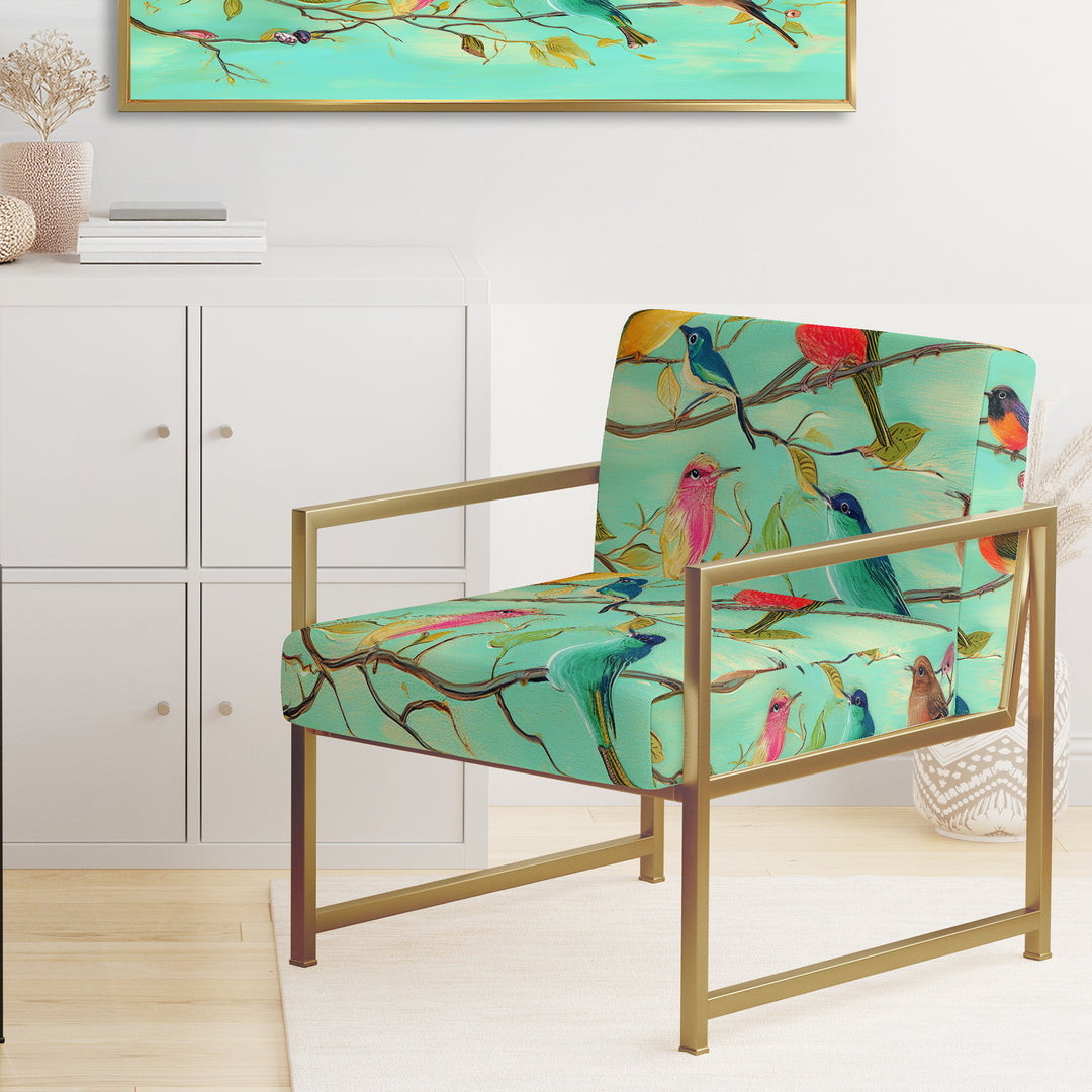 Turquoise Songbirds On Blossoming Branches - Upholstered Accent Chair