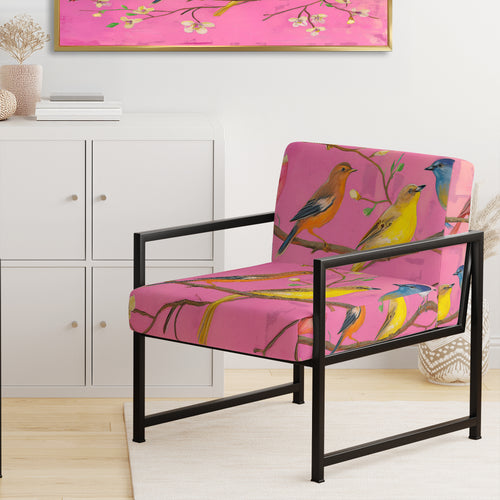 Pink Chinoiserie Songbirds And Branches - Upholstered Accent Chair