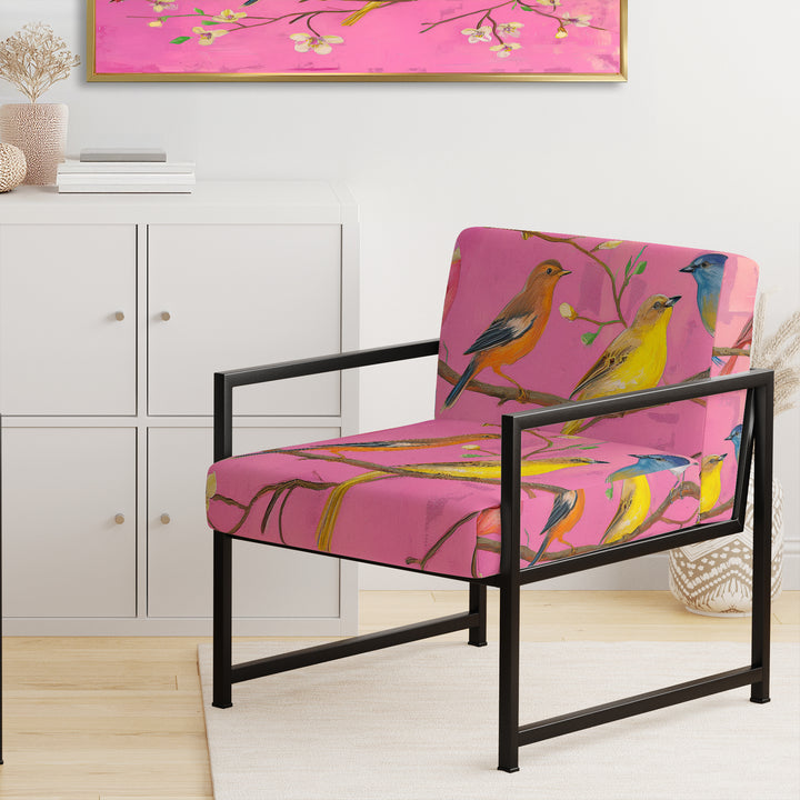 Pink Chinoiserie Songbirds And Branches - Upholstered Accent Chair