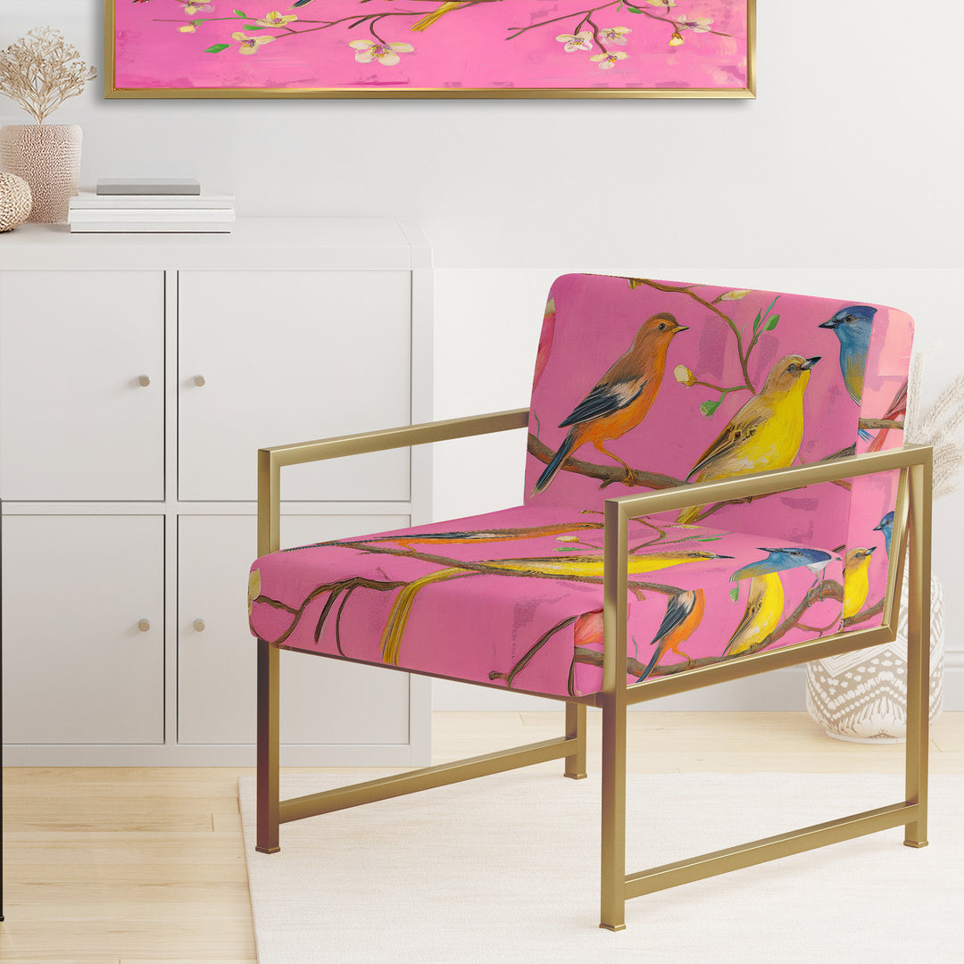 Pink Chinoiserie Songbirds And Branches - Upholstered Accent Chair