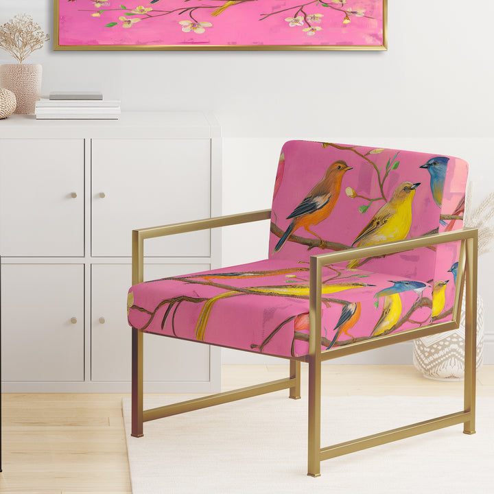 Pink Chinoiserie Songbirds And Branches - Upholstered Accent Chair