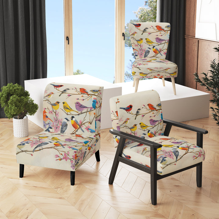 Multi-Colour Birds On Cream Branches - Upholstered Accent Chair
