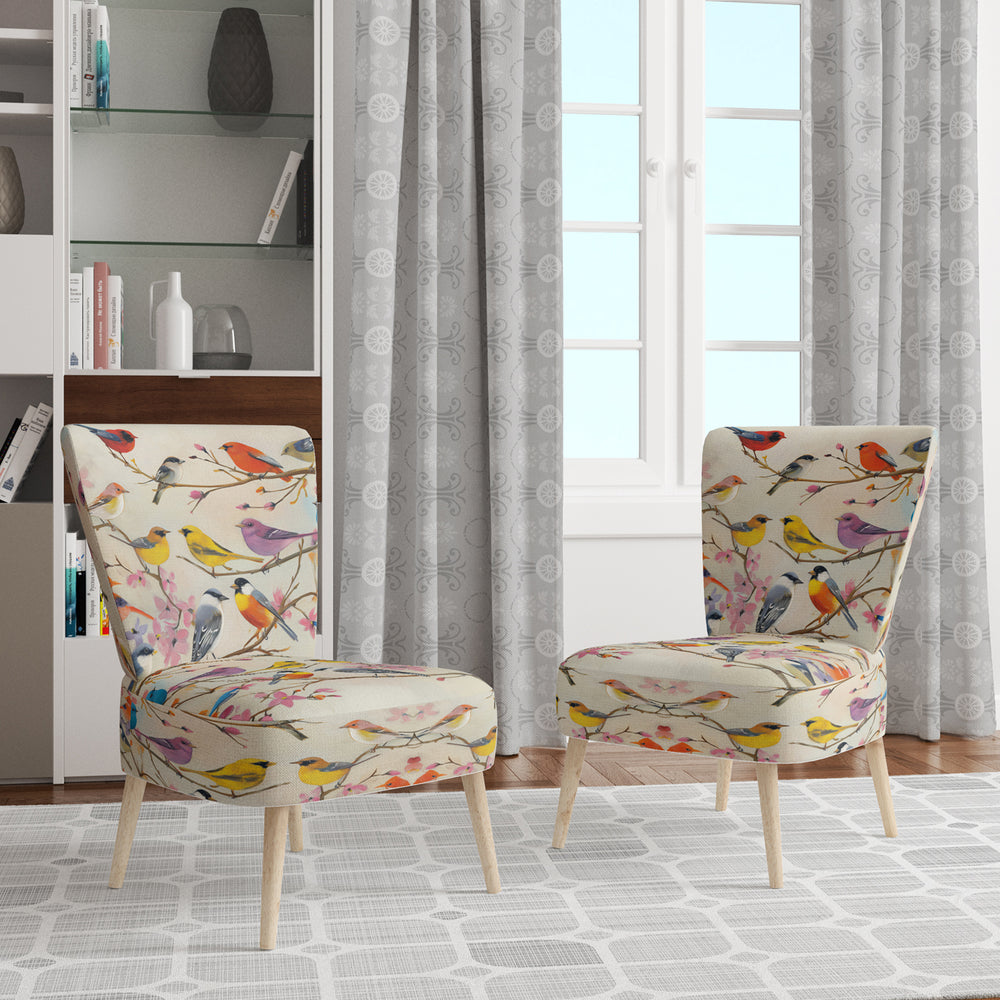 Multi-Colour Birds On Cream Branches - Upholstered Accent Chair