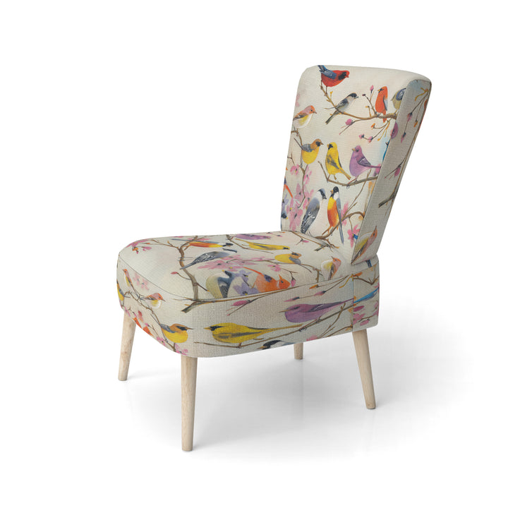 Multi-Colour Birds On Cream Branches - Upholstered Accent Chair