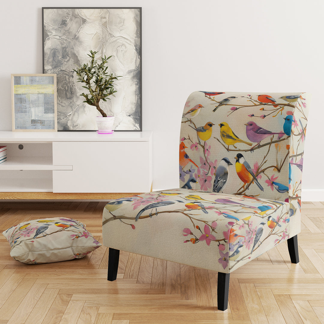 Multi-Colour Birds On Cream Branches - Upholstered Accent Chair