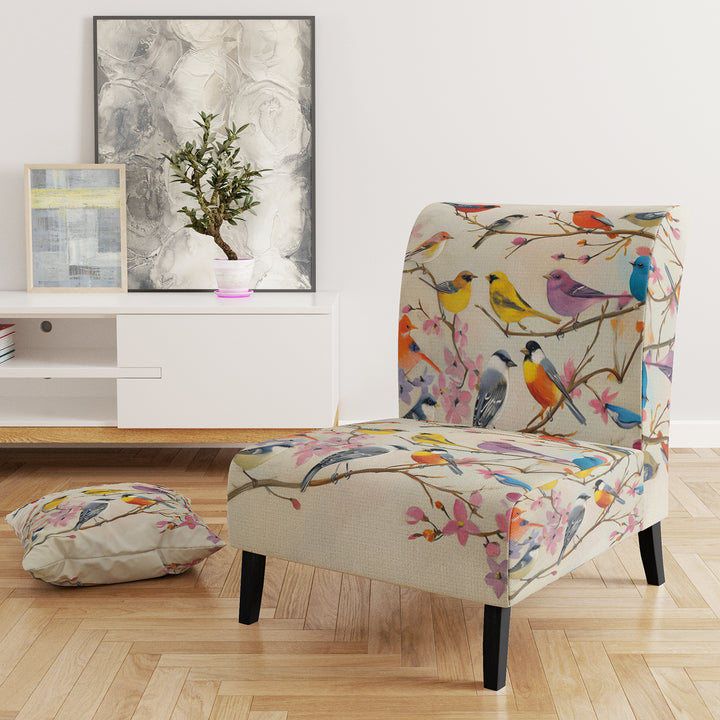 Multi-Colour Birds On Cream Branches - Upholstered Accent Chair