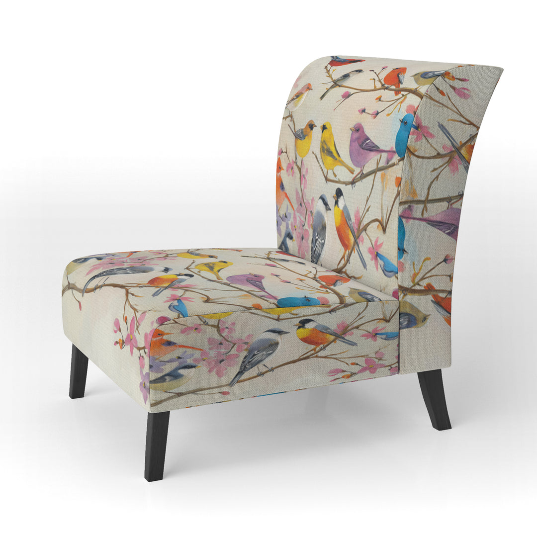 Multi-Colour Birds On Cream Branches - Upholstered Accent Chair
