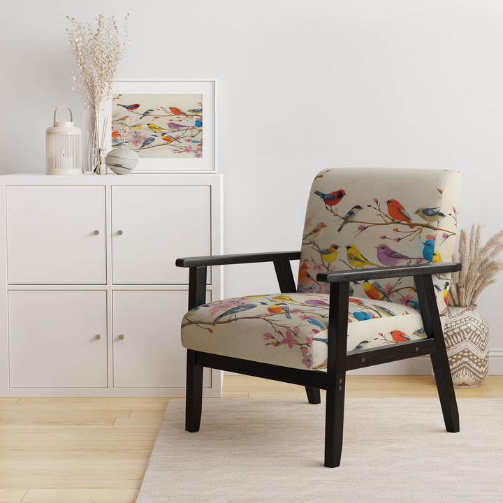 Multi-Colour Birds On Cream Branches - Upholstered Accent Chair